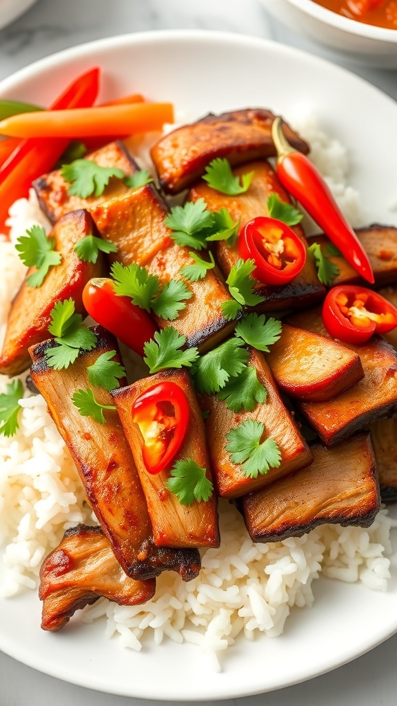 Caramelized lemongrass pork served over jasmine rice, garnished with cilantro and chili, alongside pickled vegetables.